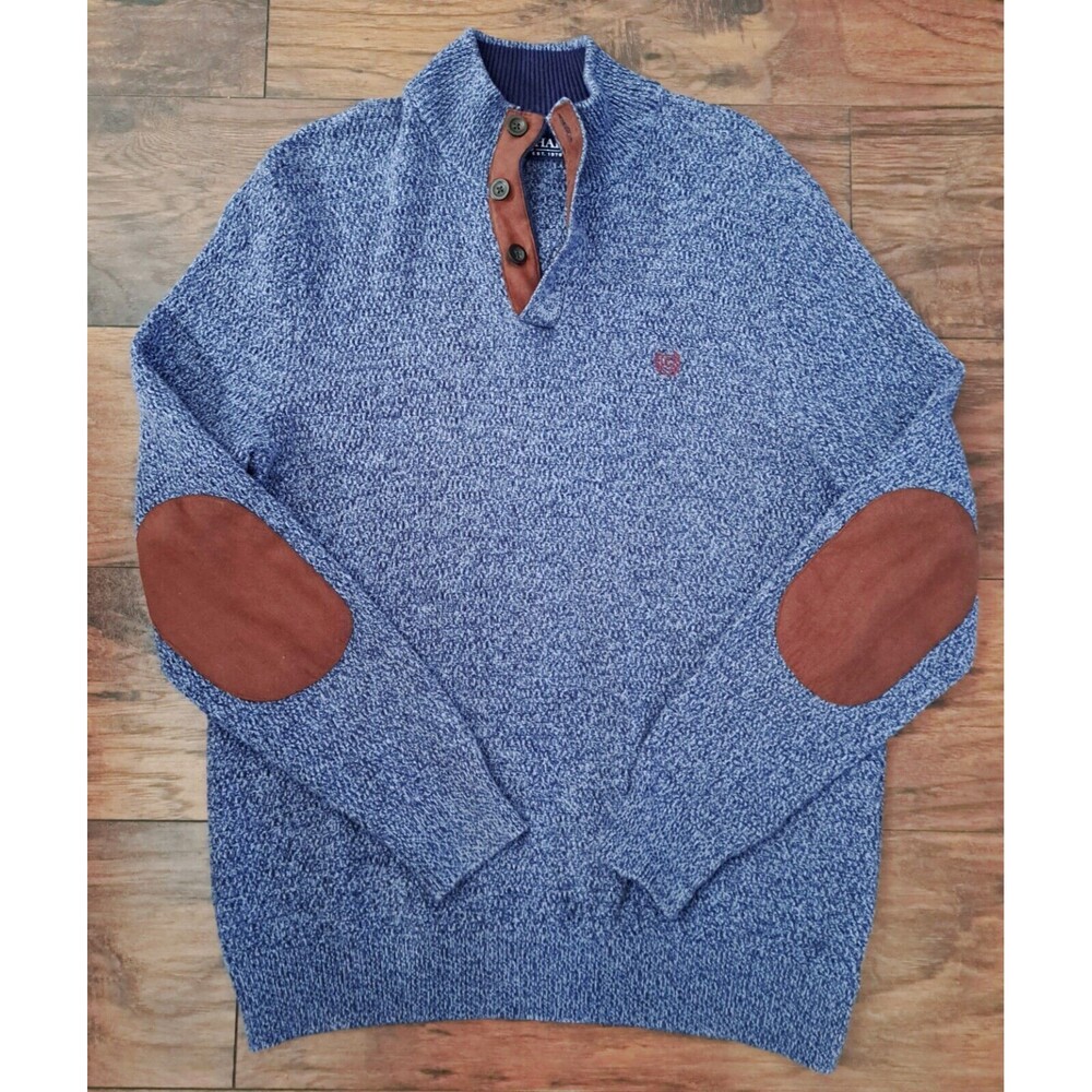 Chaps 3 Button Pullover Sweater Mens XL Brown Elbow Patches Preppy Office Casual